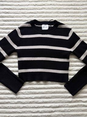 Pink Rose Black and Cream Striped Ribbed Cropped Top